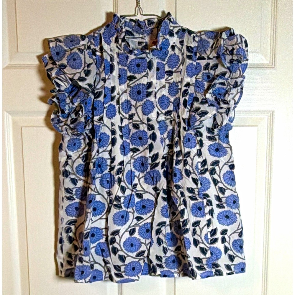Victoria Dunn Callie Blouse Women's S Blue White Floral Ruffle Pleated Top